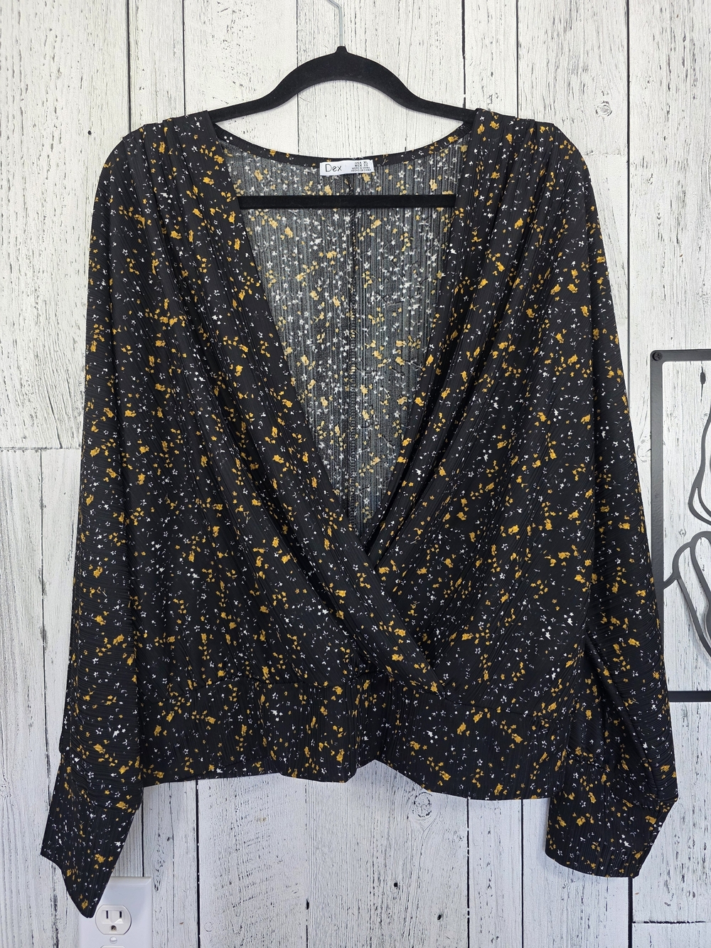 Dex Black Fall Floral Surplice Wrap Blouse Balloon Sleeve XL, Office, Business